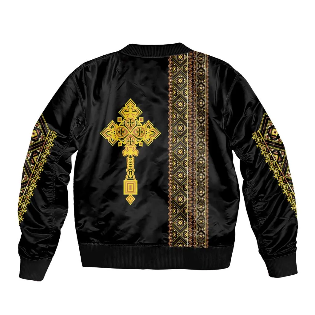 Habesha Motifs Ethiopia Sleeve Zip Bomber Jacket Tilet Black Gold LT7