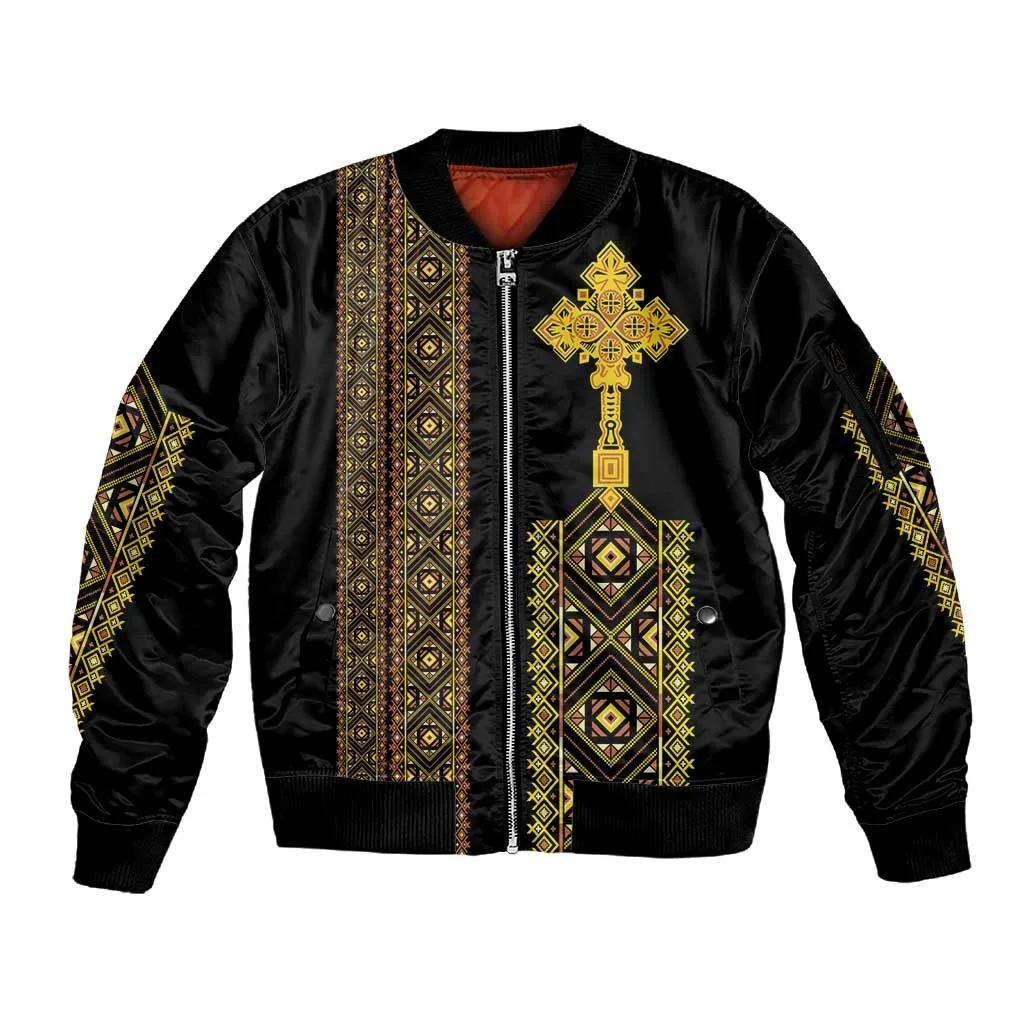 Habesha Motifs Ethiopia Sleeve Zip Bomber Jacket Tilet Black Gold LT7