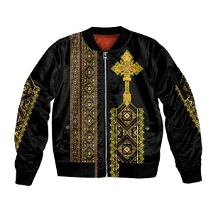 Habesha Motifs Ethiopia Sleeve Zip Bomber Jacket Tilet Black Gold LT7