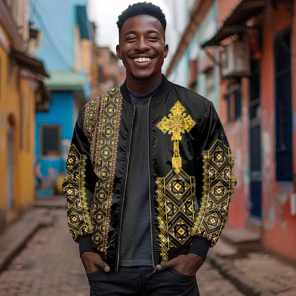 Habesha Motifs Ethiopia Sleeve Zip Bomber Jacket Tilet Black Gold LT7