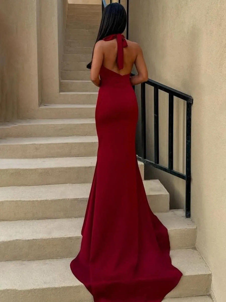 Halter Sleeveless Satin Pleated Mermaid Prom Dresses with Train