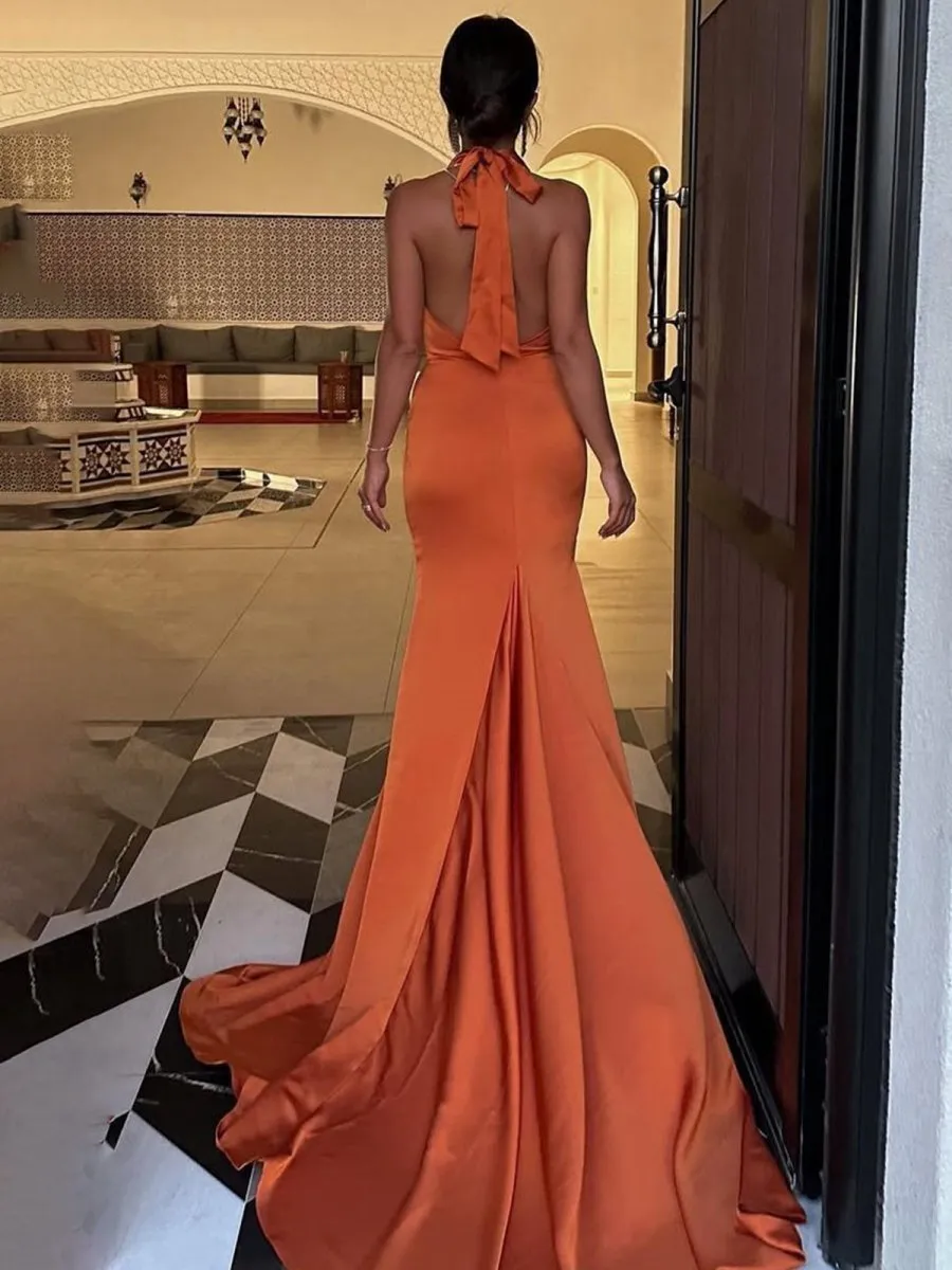 Halter Sleeveless Satin Pleated Mermaid Prom Dresses with Train