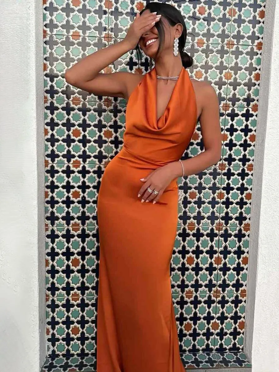 Halter Sleeveless Satin Pleated Mermaid Prom Dresses with Train