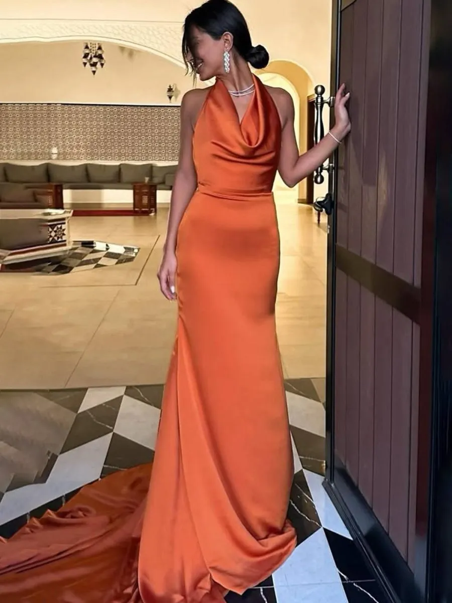 Halter Sleeveless Satin Pleated Mermaid Prom Dresses with Train