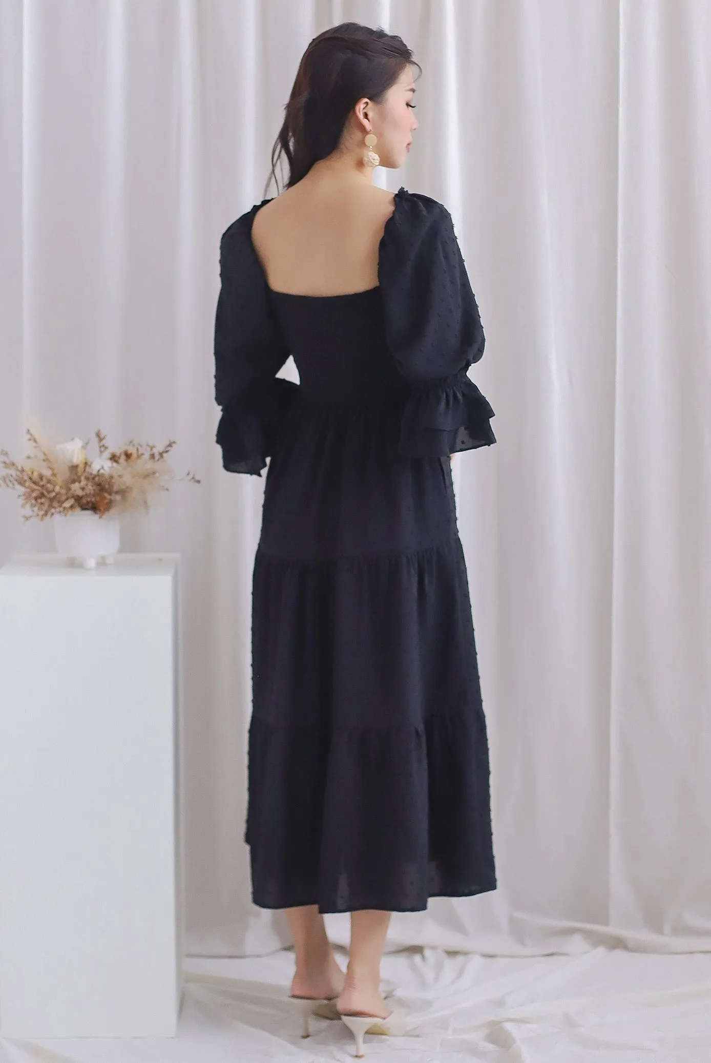 Hanneli Ruffle Sleeve Swiss Dot Midi Dress In Black