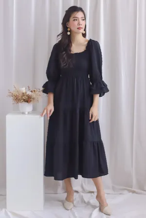 Hanneli Ruffle Sleeve Swiss Dot Midi Dress In Black