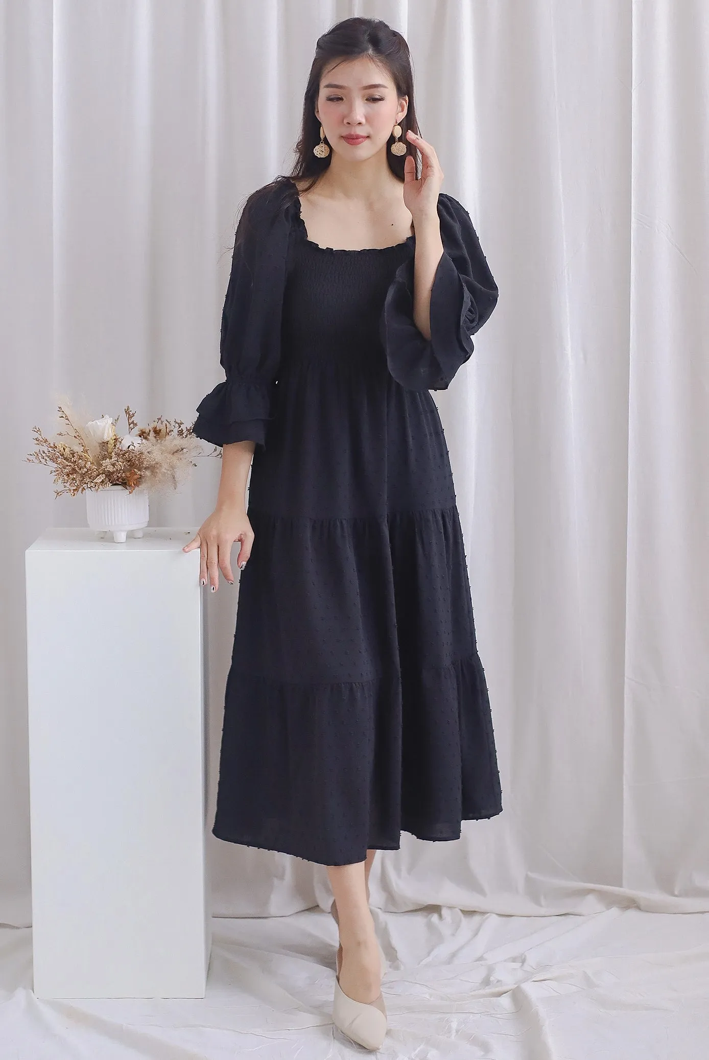 Hanneli Ruffle Sleeve Swiss Dot Midi Dress In Black
