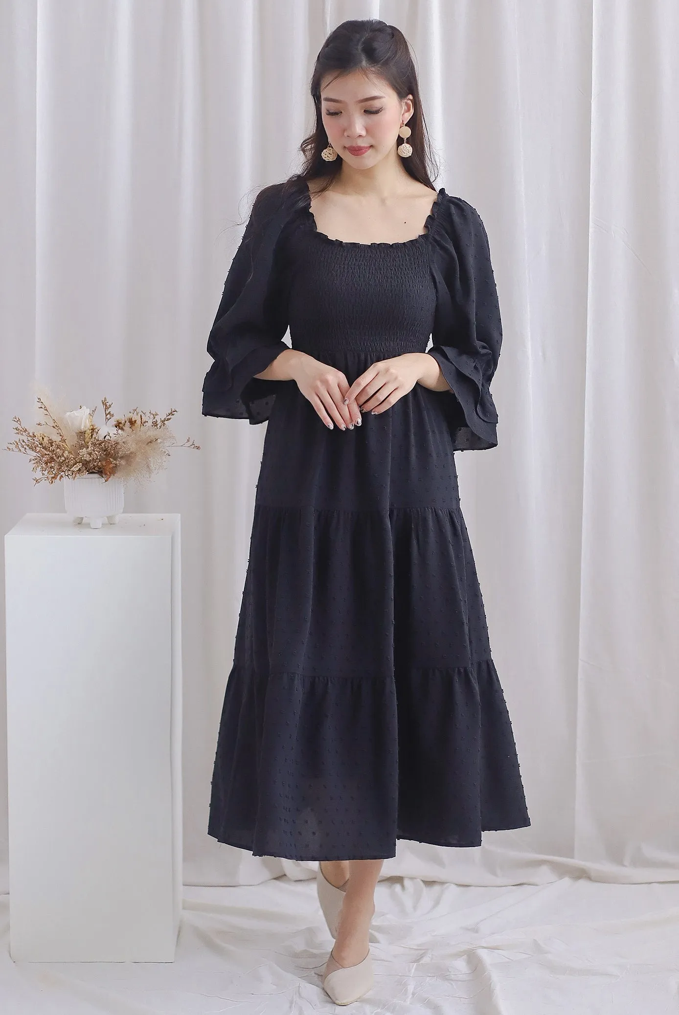 Hanneli Ruffle Sleeve Swiss Dot Midi Dress In Black