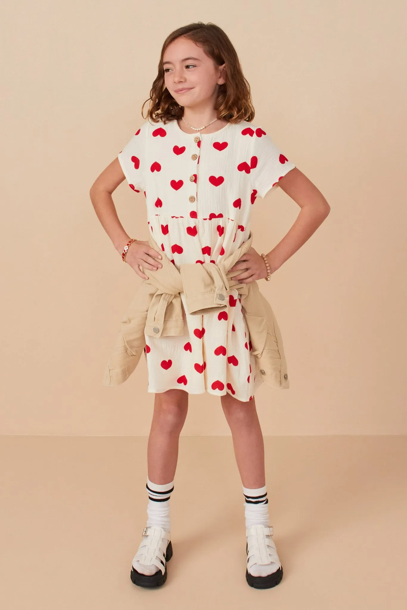 Heart Print Gauze Textured Button Detail Dress