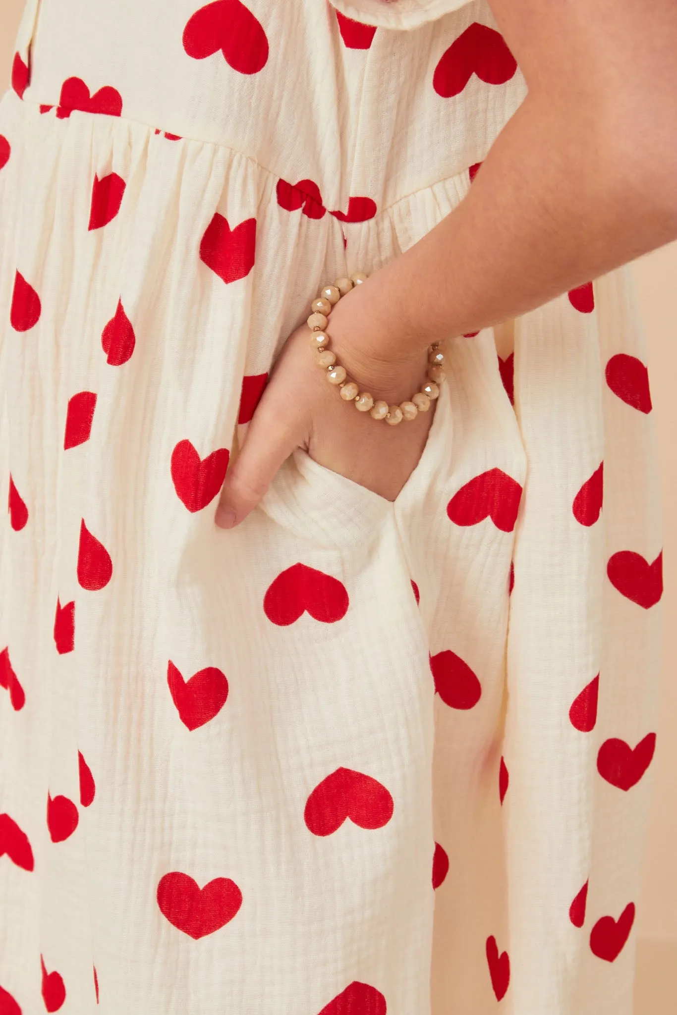 Heart Print Gauze Textured Button Detail Dress