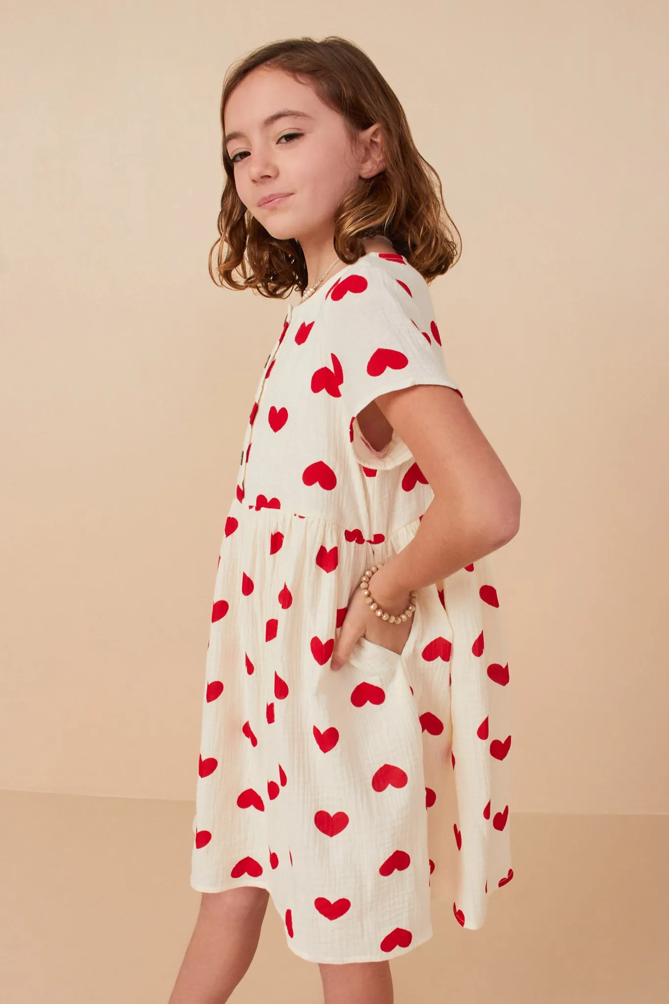 Heart Print Gauze Textured Button Detail Dress