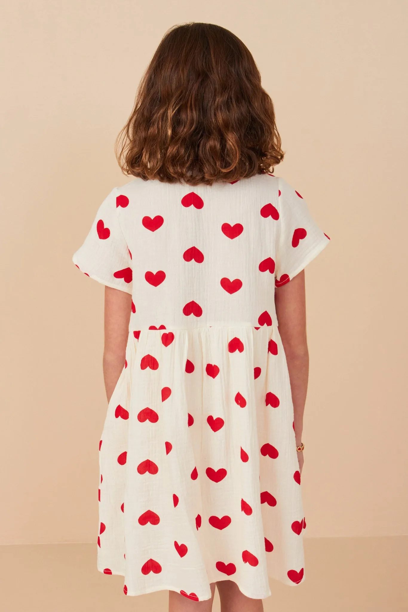 Heart Print Gauze Textured Button Detail Dress