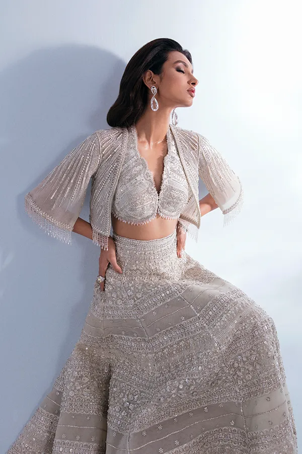 Heavy White Silver Lehenga Jacket Indian Bridal Wear