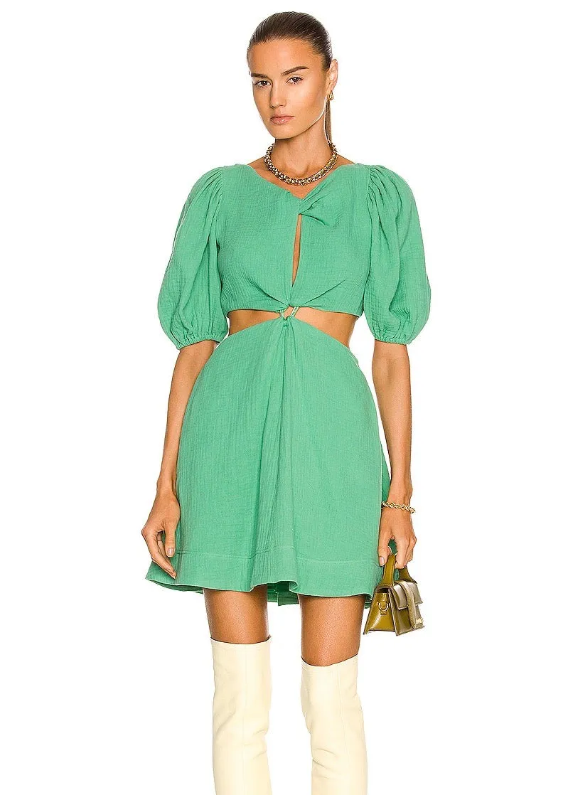 Helen Textured Gauze PUff Sleeve Cutout Mini Dress (Kelly Green)