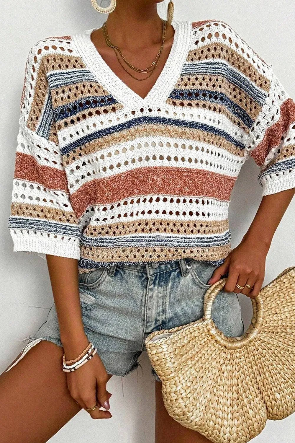 Hollow Out Half Sleeve Striped Knit Top – Casual Cool Comfort