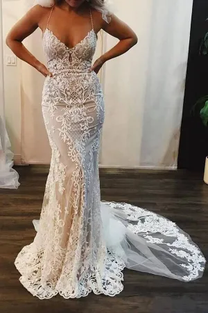 Ivory Lace Appliques Mermaid V-neck Spaghetti Straps Wedding Dresses, SW471