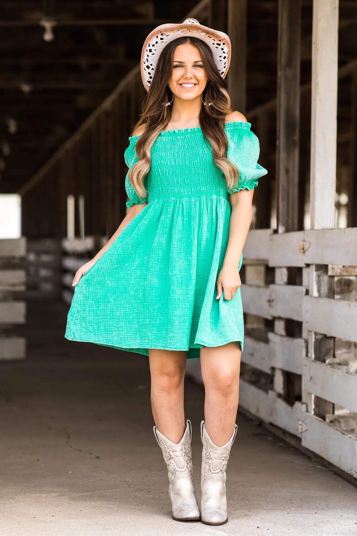 Jade Washed Smocked Bodice Dress