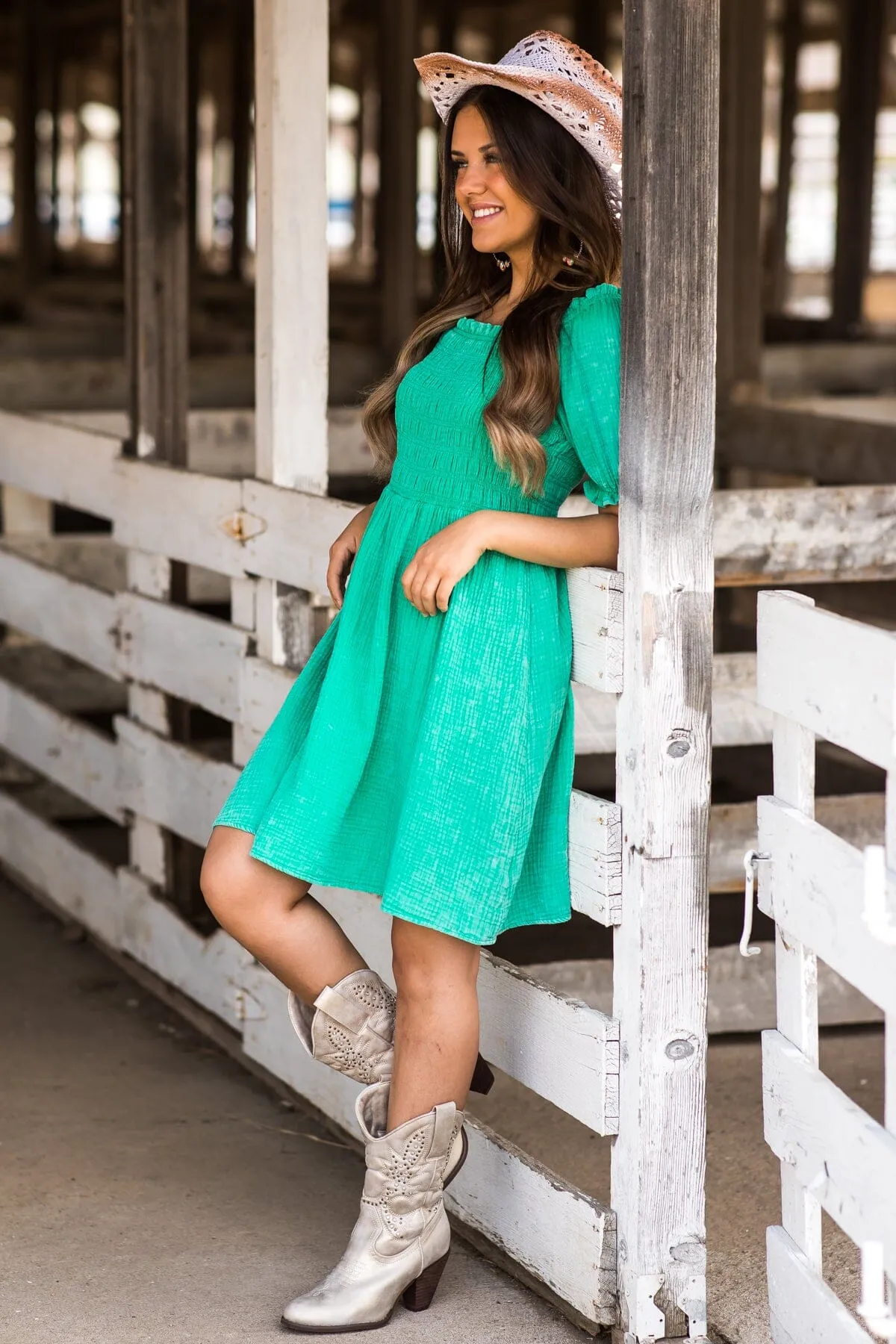 Jade Washed Smocked Bodice Dress