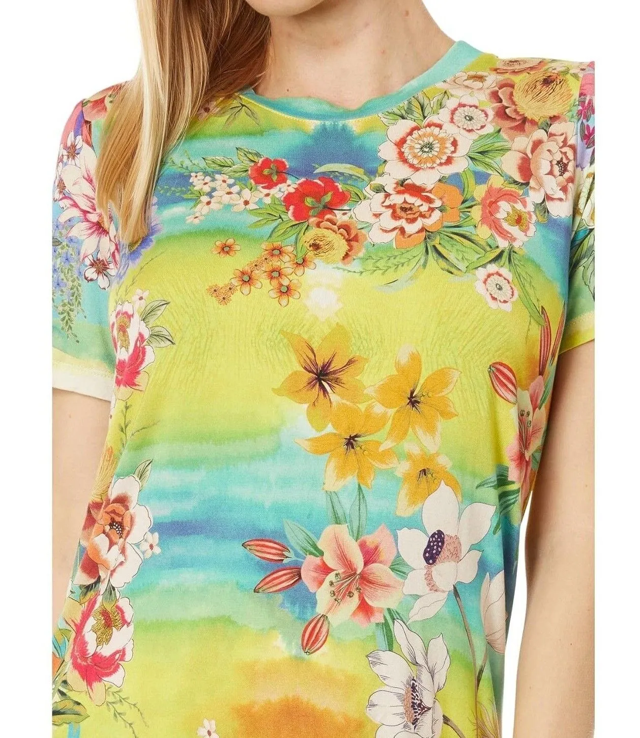 Johnny Was Tie Dye Favorite Short Sleeve Crew Neck Tee Floral Shirt Flowers New