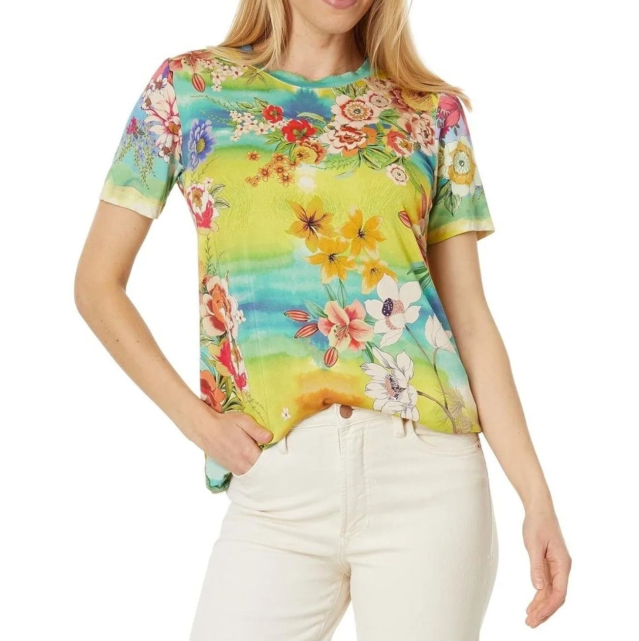 Johnny Was Tie Dye Favorite Short Sleeve Crew Neck Tee Floral Shirt Flowers New