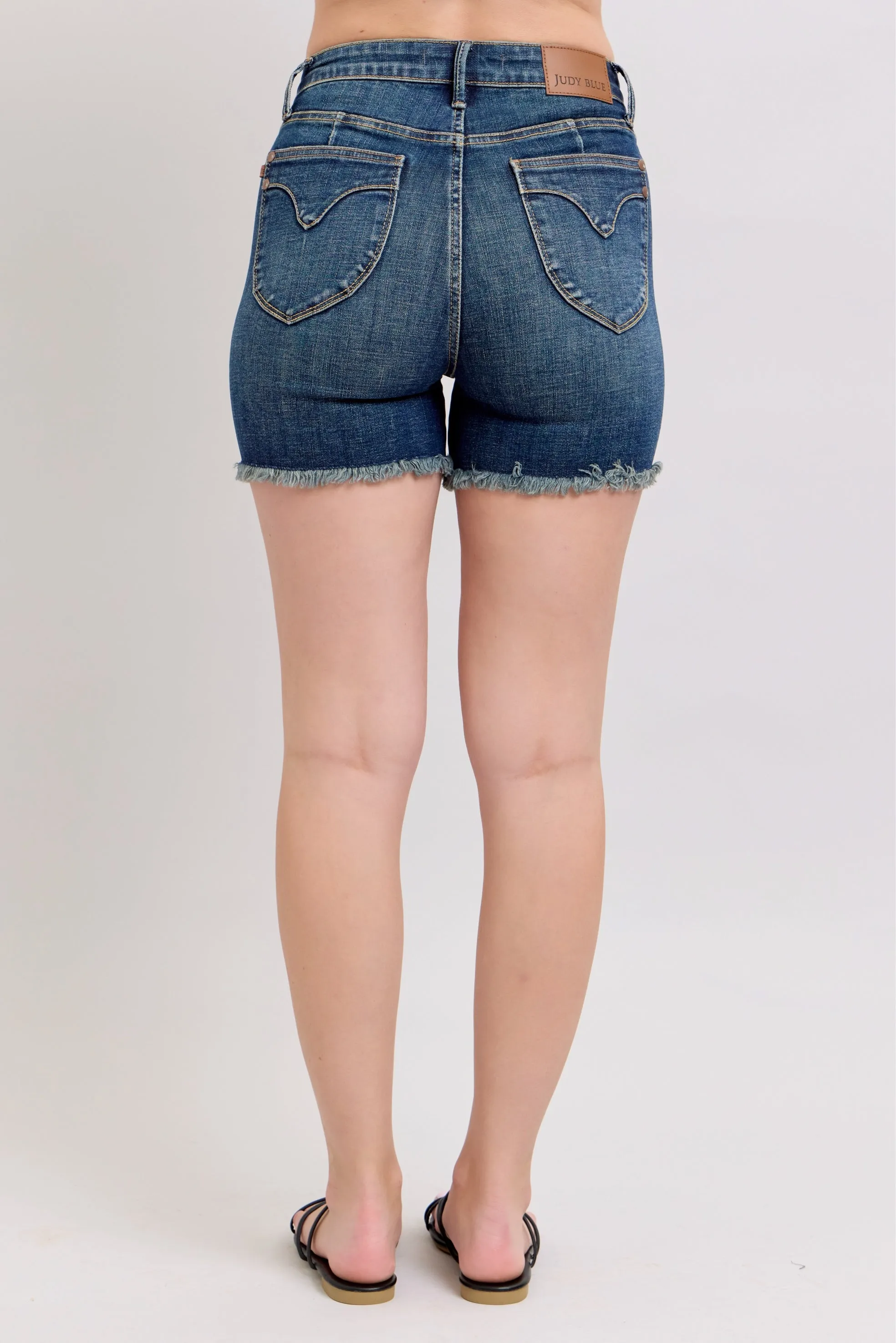 Judy Blue HW Tummy Control Fray Hem & Shield Back Pocket Shorts