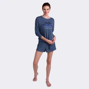 Ladies' 2-PC Navy Blue Long Sleeve Boxer Set