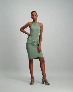 Ladies Draped High-Neck Bodycon Dress - Sage