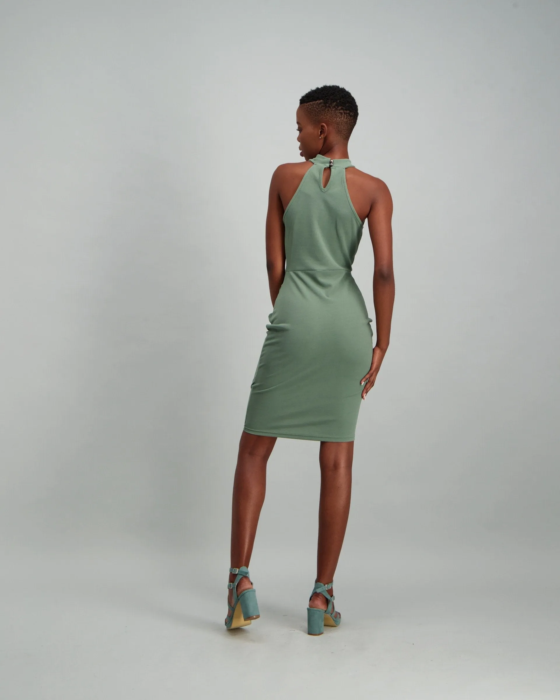 Ladies Draped High-Neck Bodycon Dress - Sage