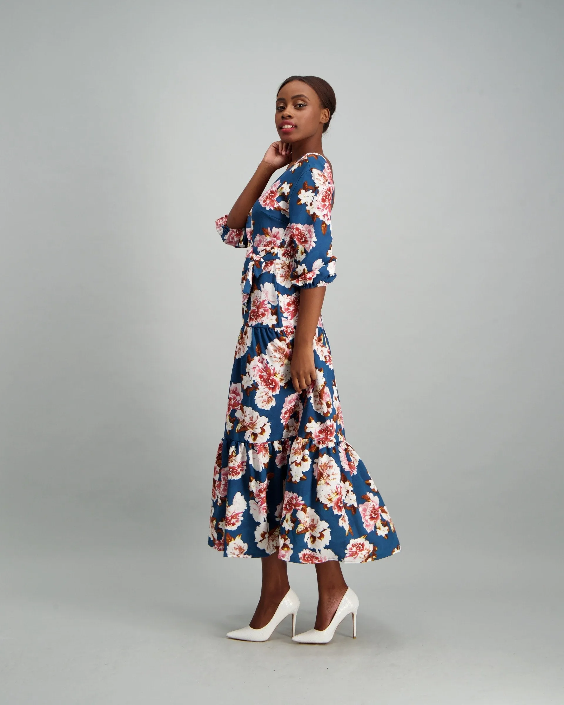 Ladies Long Sleeve Open Backed Tiered Dress - Floral Print