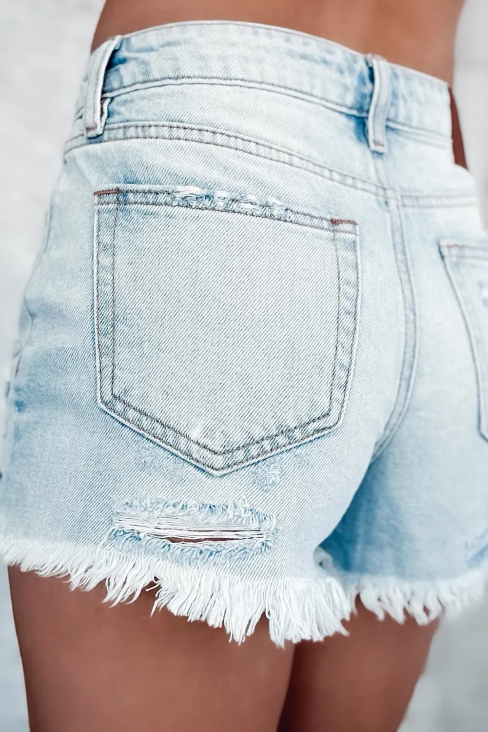 Light Blue Light Wash Raw Hem Frayed Straight Leg Denim Shorts