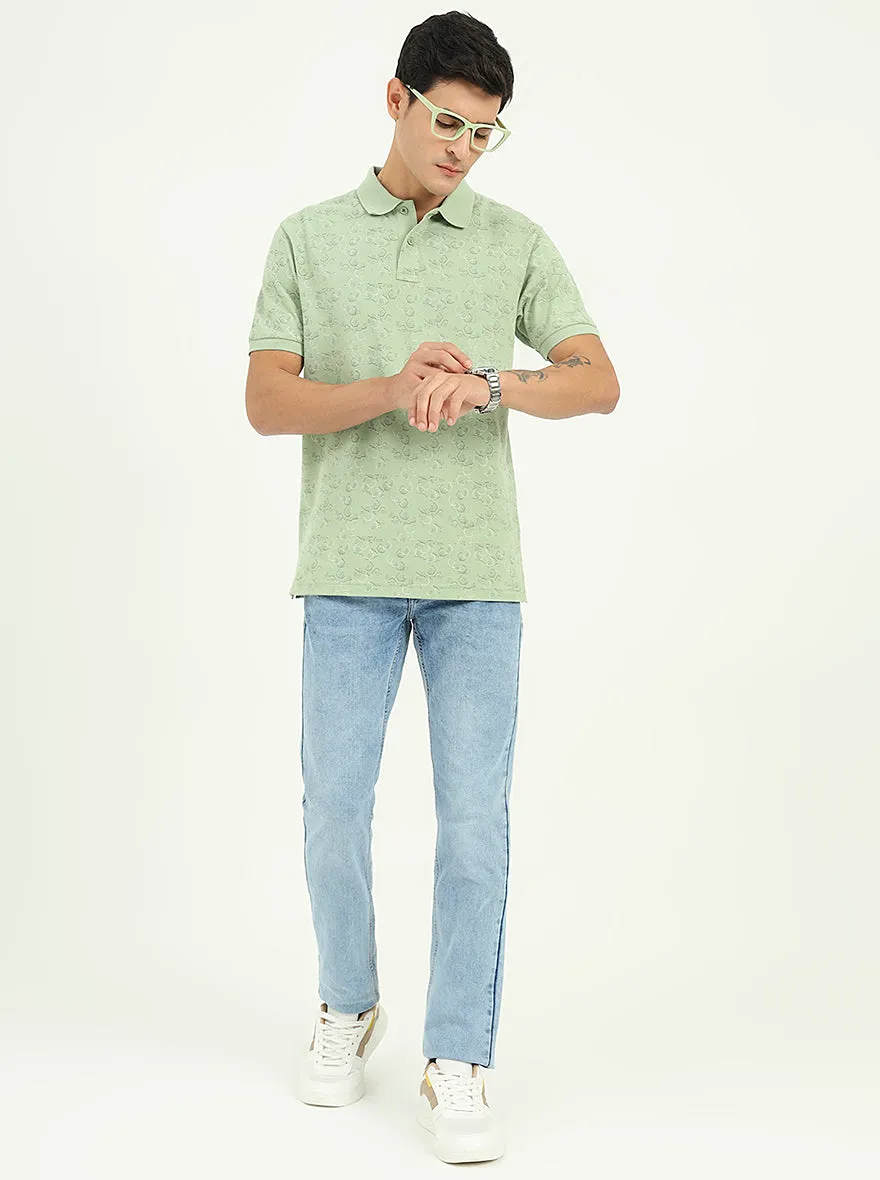 Light Green Printed Slim Fit Polo T-Shirt | Greenfibre