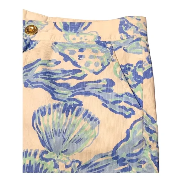 Lilly Pulitzer Buttercup Shorts Barefoot Princess Print White Blue Teal Seashell