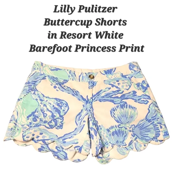 Lilly Pulitzer Buttercup Shorts Barefoot Princess Print White Blue Teal Seashell