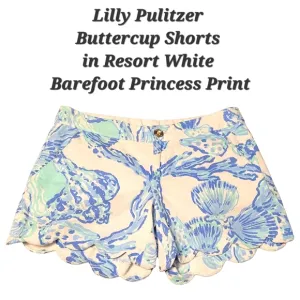 Lilly Pulitzer Buttercup Shorts Barefoot Princess Print White Blue Teal Seashell
