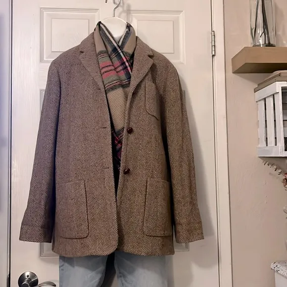 Liz Claiborne Brown Wool-blend Boxy Chevron Pattern Pea Coat Trench Car Coat M