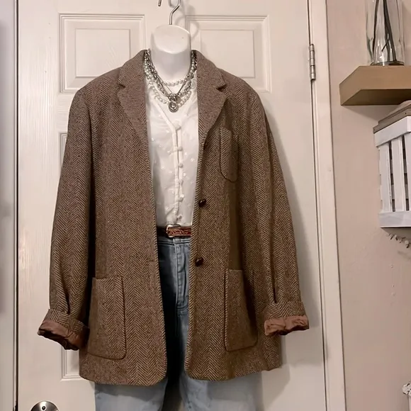 Liz Claiborne Brown Wool-blend Boxy Chevron Pattern Pea Coat Trench Car Coat M