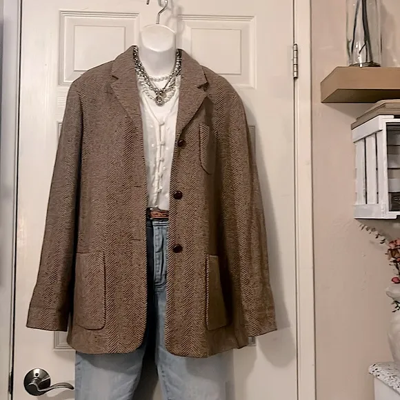 Liz Claiborne Brown Wool-blend Boxy Chevron Pattern Pea Coat Trench Car Coat M