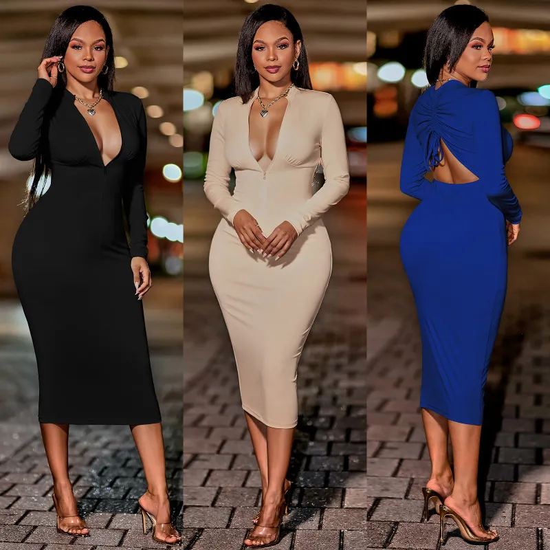 Long Sleeve Front Zipper Bodycon Dress with Ruched Drawstring Back & Cut Out Back