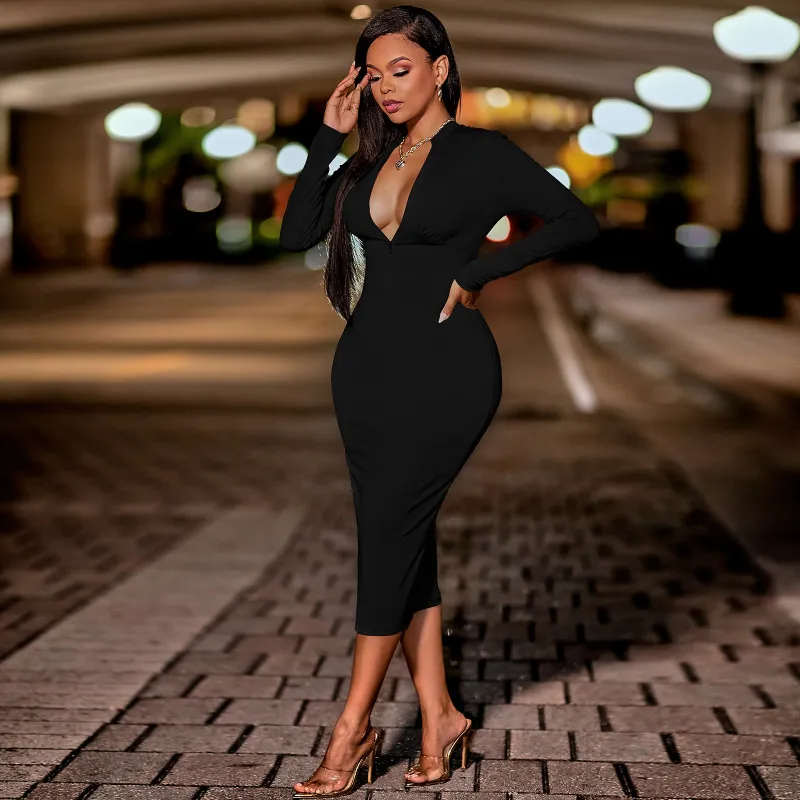 Long Sleeve Front Zipper Bodycon Dress with Ruched Drawstring Back & Cut Out Back