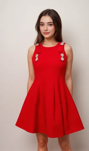 Louisa red bow sleeveless pleated mini dress