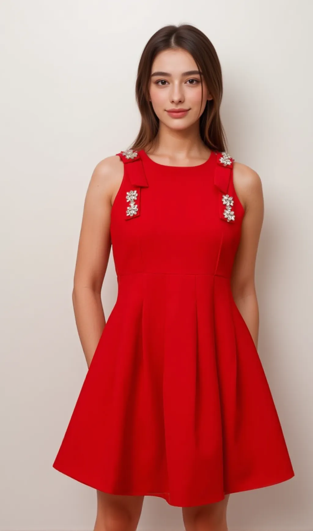 Louisa red bow sleeveless pleated mini dress