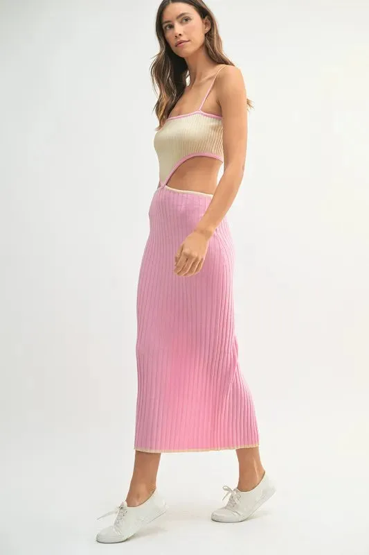 MABLE Ribbed Knit Color Block Cutout Midi Dress