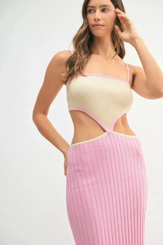 MABLE Ribbed Knit Color Block Cutout Midi Dress