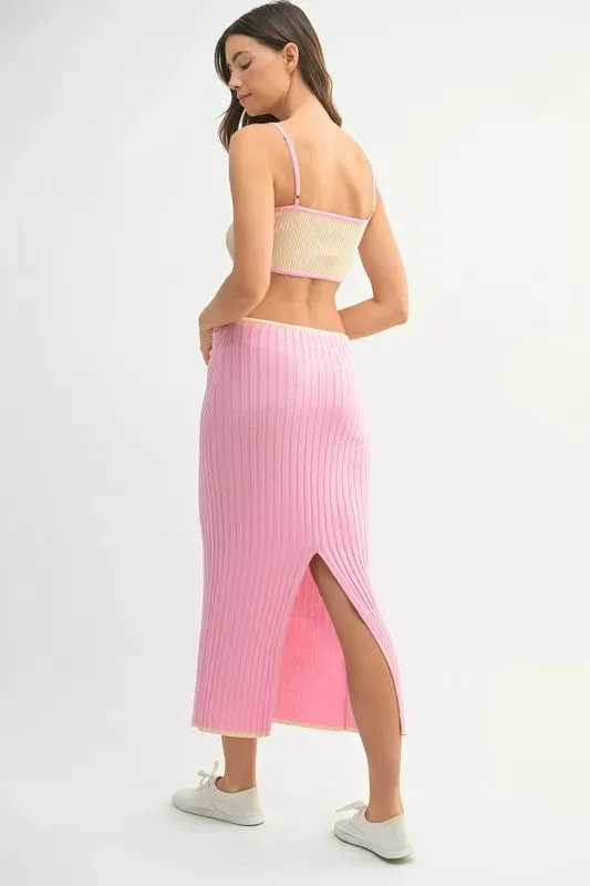 MABLE Ribbed Knit Color Block Cutout Midi Dress