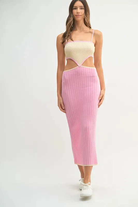 MABLE Ribbed Knit Color Block Cutout Midi Dress