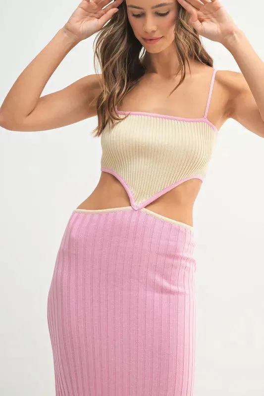 MABLE Ribbed Knit Color Block Cutout Midi Dress