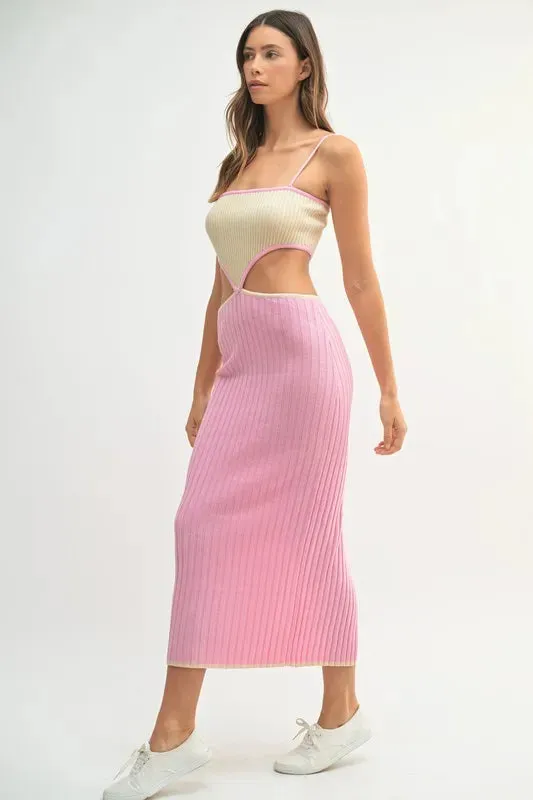MABLE Ribbed Knit Color Block Cutout Midi Dress