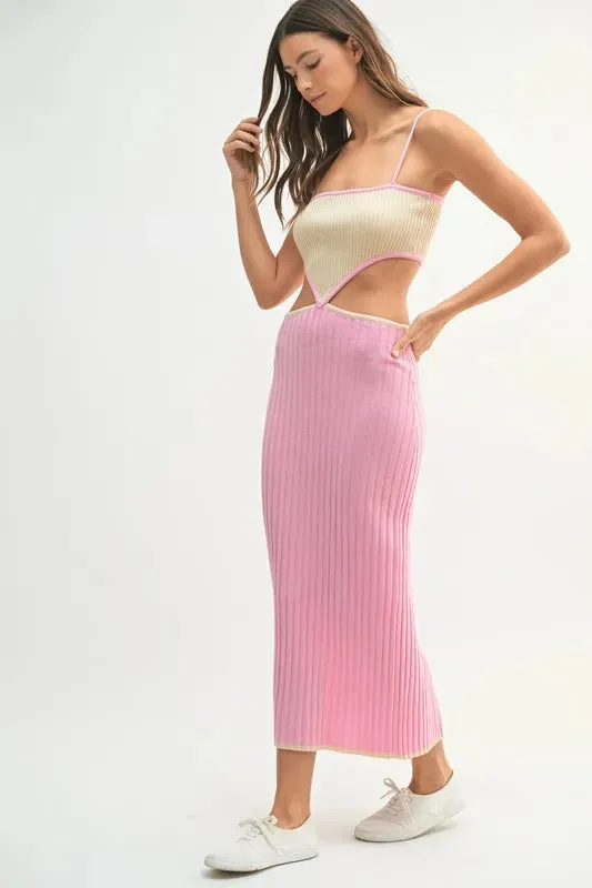 MABLE Ribbed Knit Color Block Cutout Midi Dress