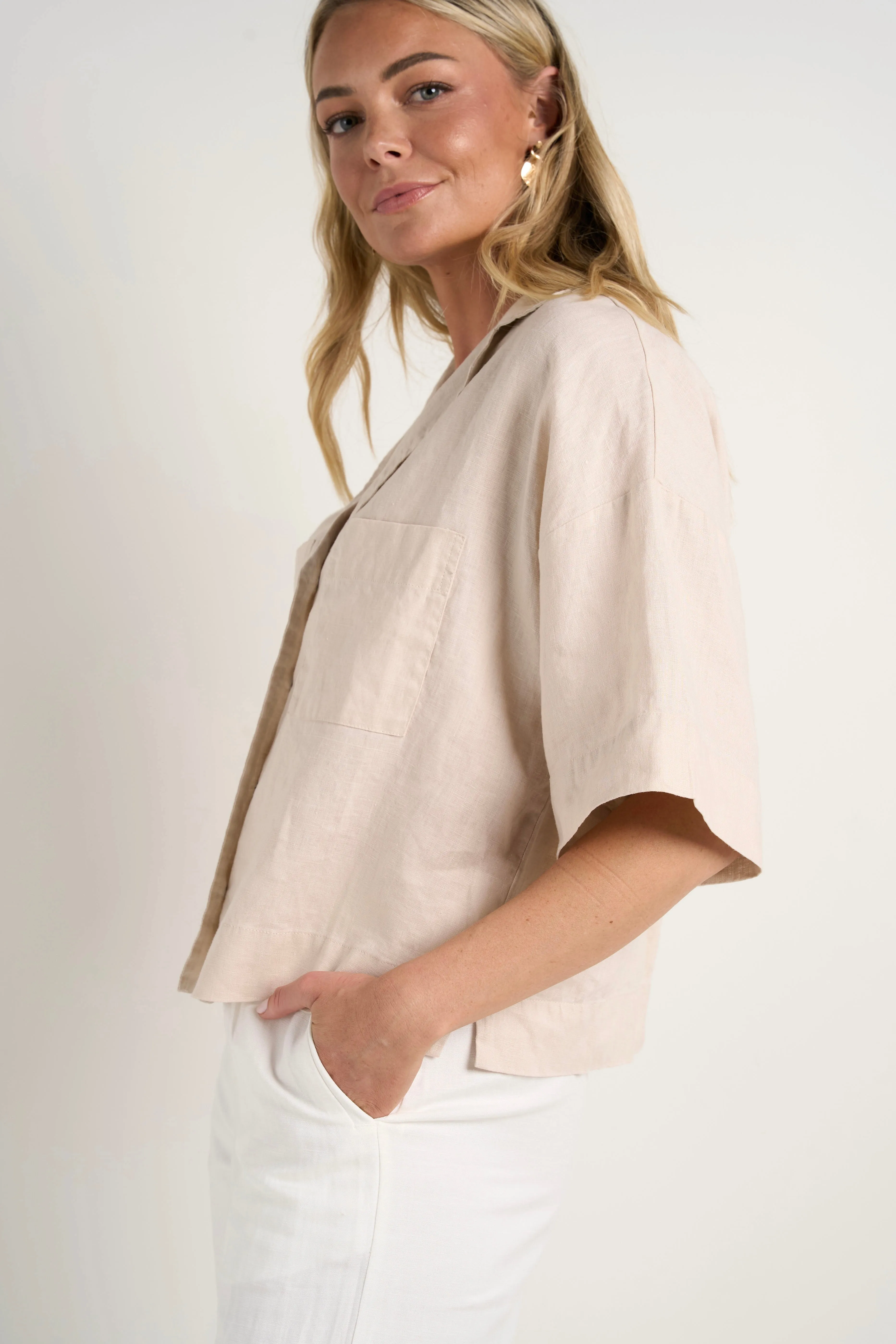Meander Cream Linen Boxy SS Shirt