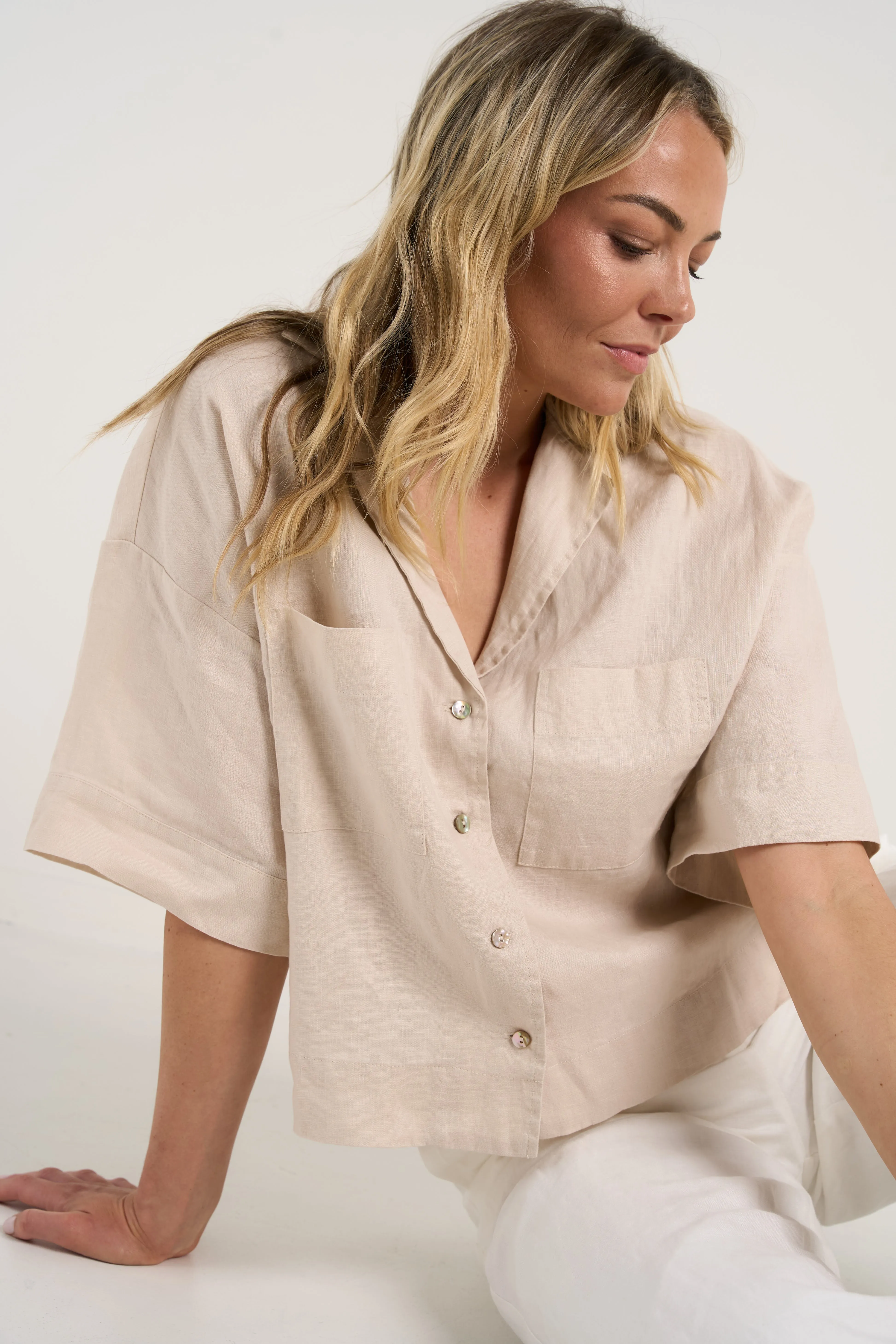 Meander Cream Linen Boxy SS Shirt
